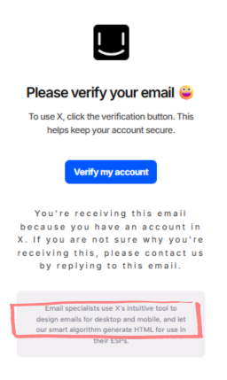 HTML email verification template highlighting the promotional footer text describing the email design tool.